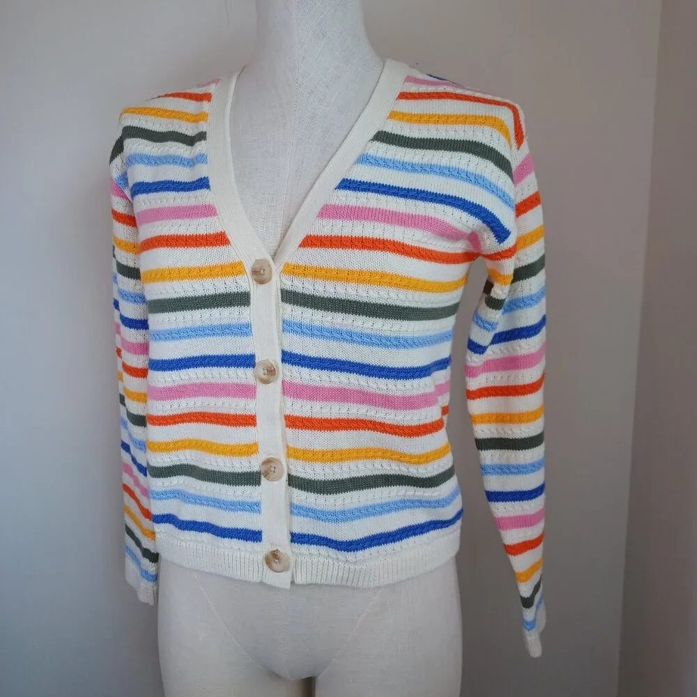 Talbots Sweater Multi Stripe Cardigan V Neck Button Front Womens‎ Petite